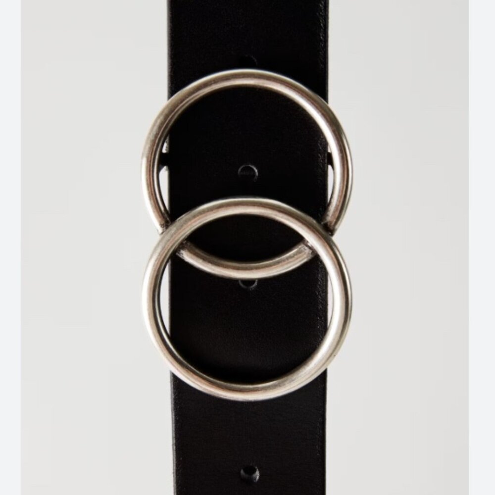 Black leather double silver ring buckle belt SZ: XL